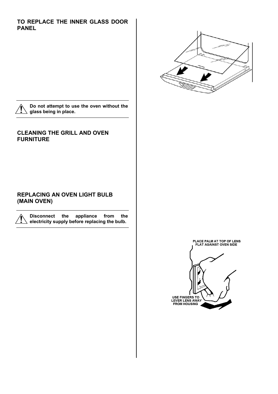 35 to replace the inner glass door panel, Cleaning the grill and oven furniture, Replacing an oven light bulb (main oven) | Electrolux COMPETENCE D5701-5 User Manual | Page 35 / 48