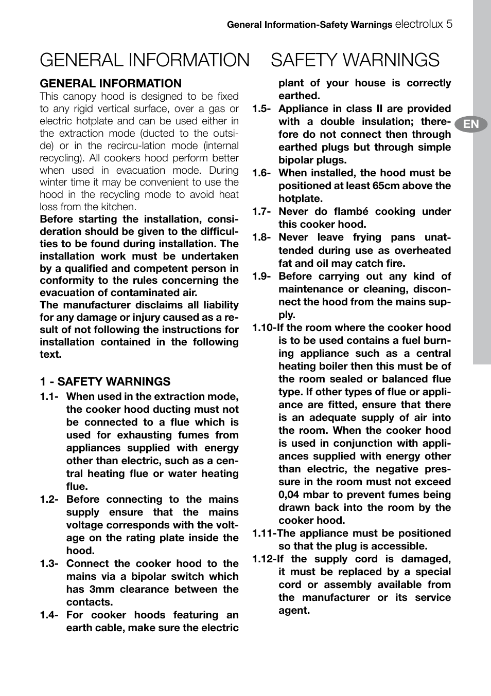 General information safety warnings | Electrolux EFT60003 User Manual | Page 5 / 12