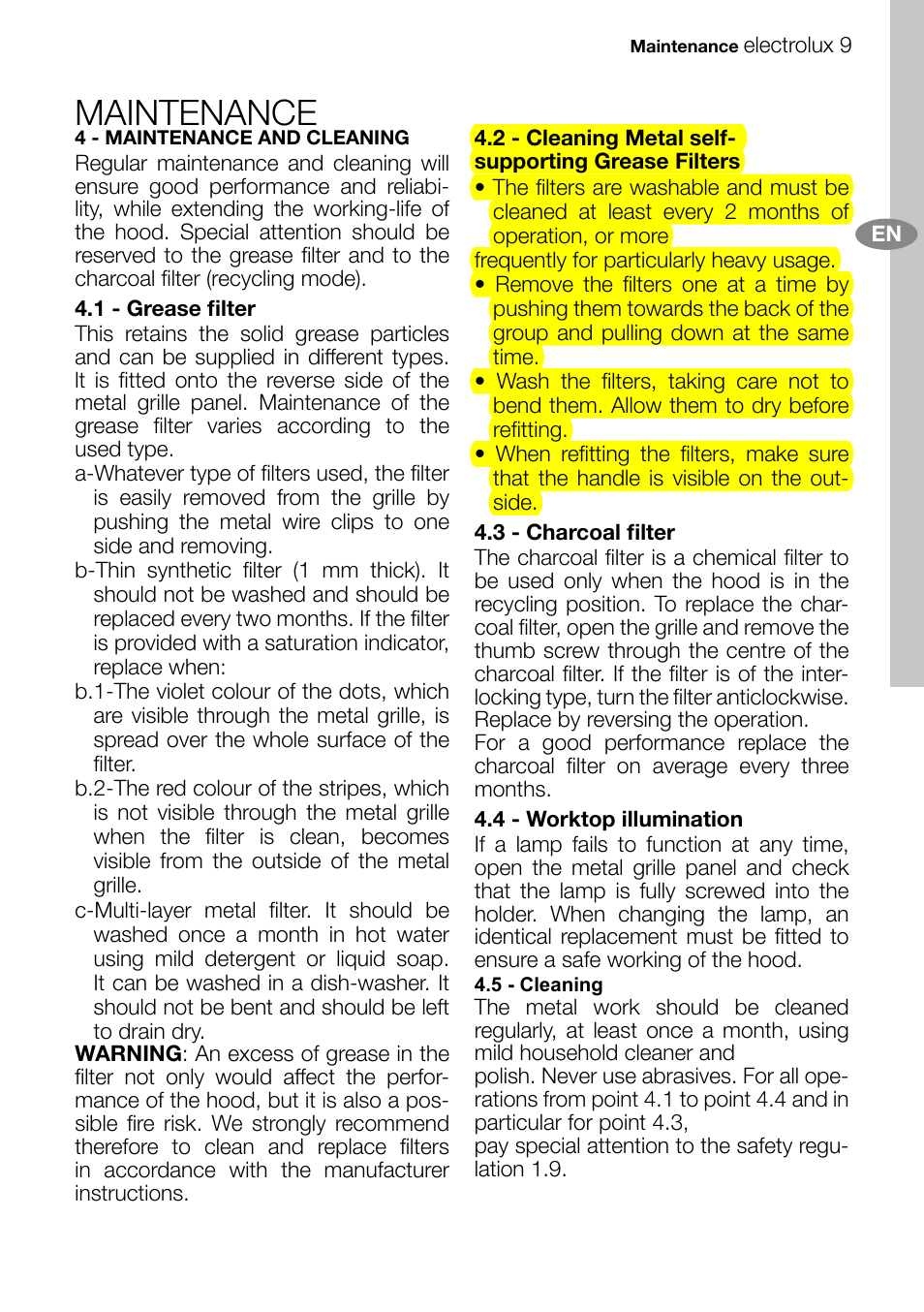 Maintenance | Electrolux EFT60003 User Manual | Page 9 / 12