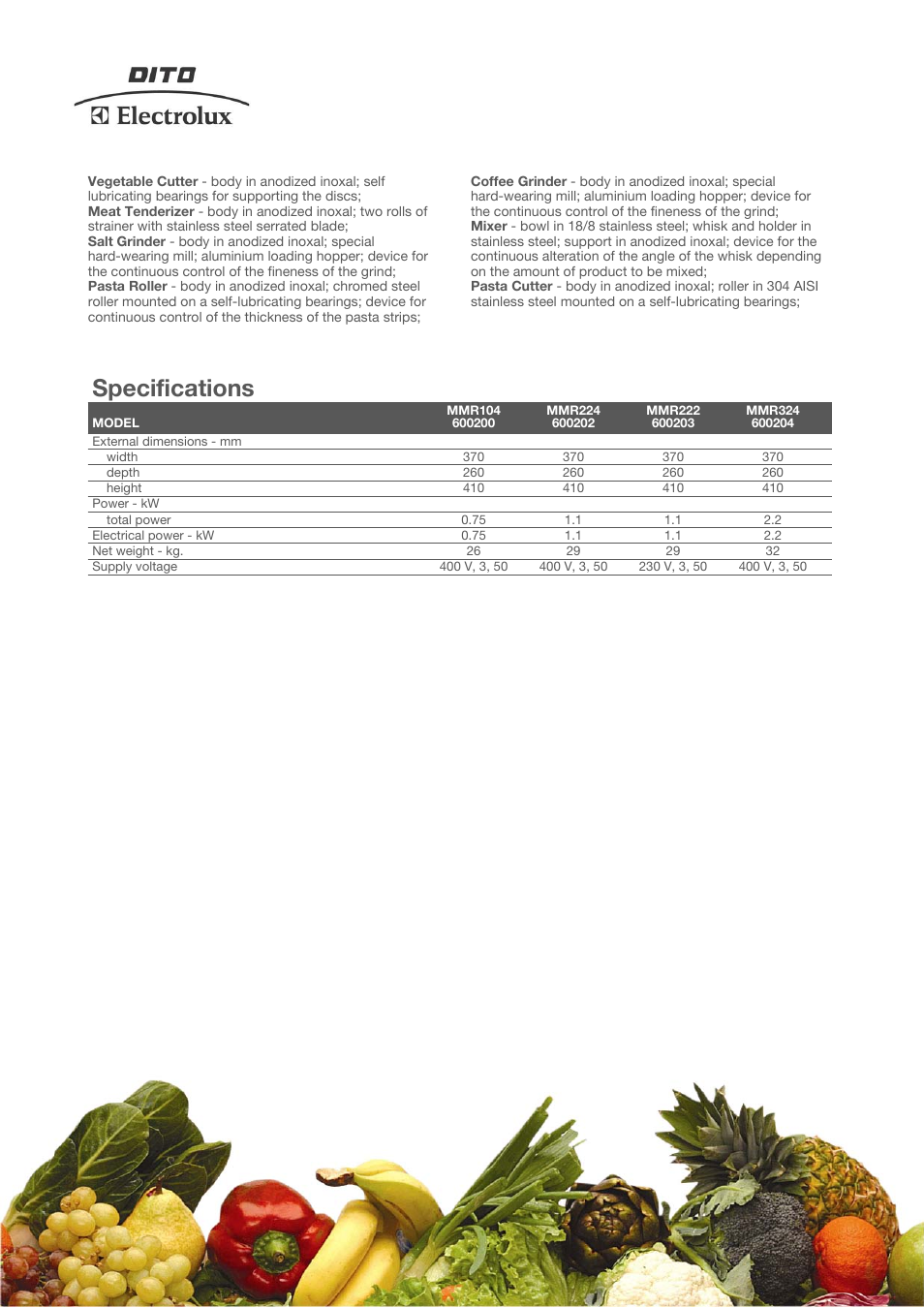 Specifications | Electrolux Dito 600202 User Manual | Page 2 / 4