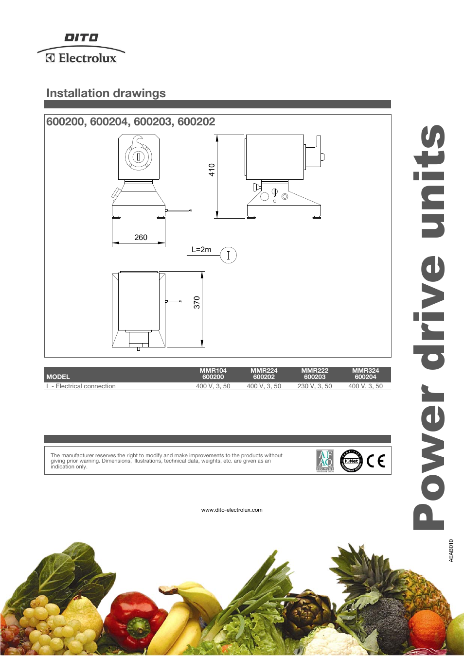 Power drive units, Installation drawings | Electrolux Dito 600202 User Manual | Page 4 / 4