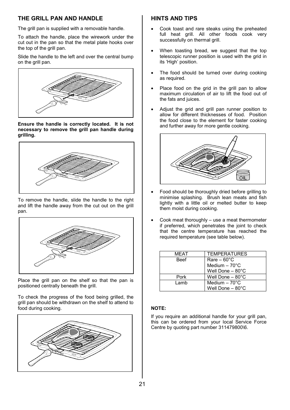 21 the grill pan and handle, Hints and tips | Electrolux U24292 EOS 5330L User Manual | Page 21 / 36