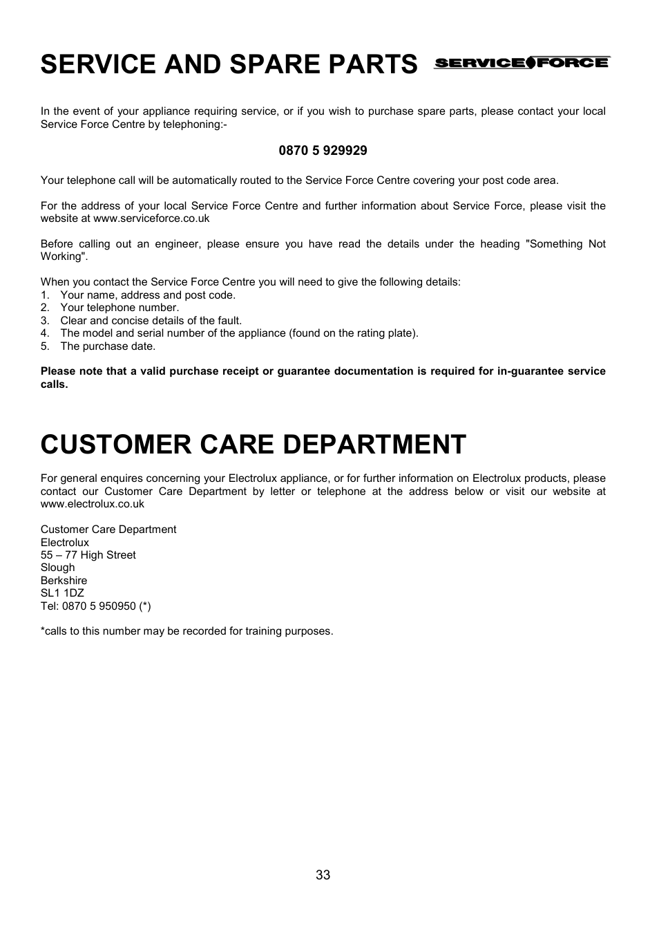 Service and spare parts, Customer care department | Electrolux U24292 EOS 5330L User Manual | Page 33 / 36