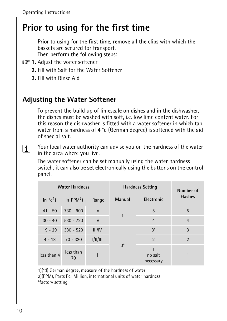 Prior to using for the first time, Adjusting the water softener | Electrolux 40660 i User Manual | Page 10 / 44