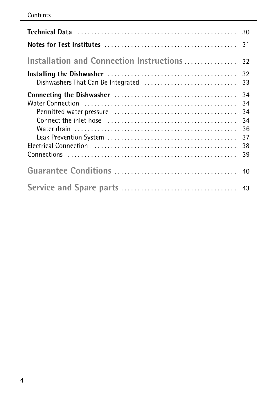 Installation and connection instructions, Guarantee conditions, Service and spare parts | Electrolux 40660 i User Manual | Page 4 / 44