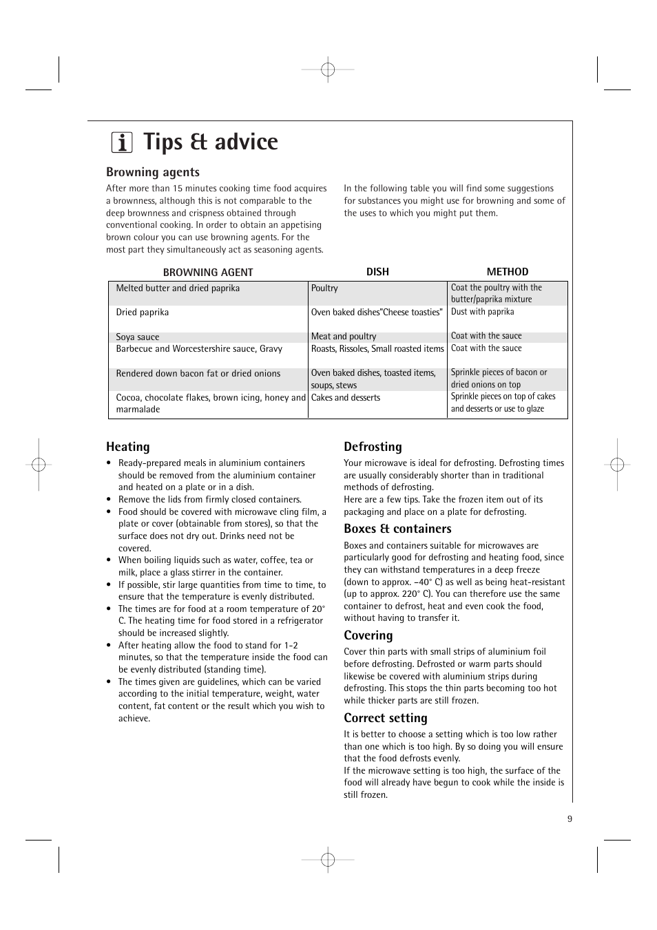 Tips & advice, Browning agents, Heating | Defrosting, Boxes & containers, Covering, Correct setting | Electrolux MC1751E User Manual | Page 11 / 36