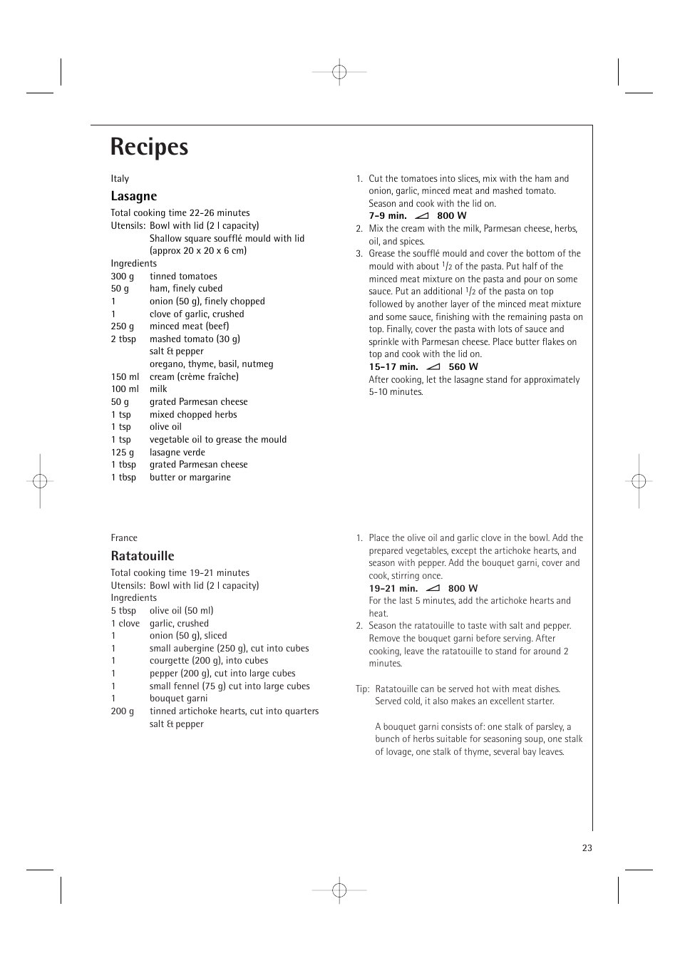 Recipes, Ratatouille, Lasagne | Electrolux MC1751E User Manual | Page 25 / 36
