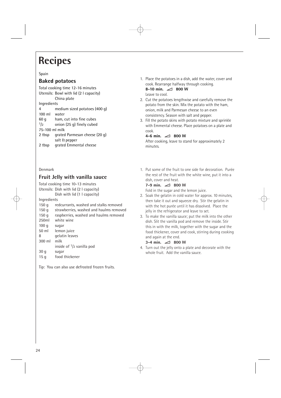 Recipes, Fruit jelly with vanilla sauce, Baked potatoes | Electrolux MC1751E User Manual | Page 26 / 36