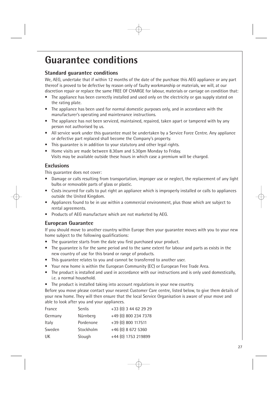 Guarantee conditions | Electrolux MC1751E User Manual | Page 29 / 36