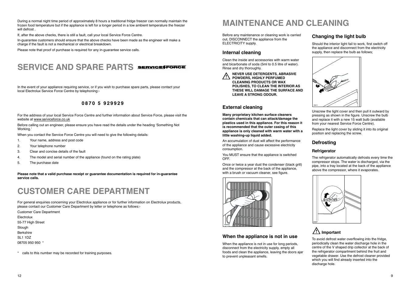 Maintenance and cleaning, Customer care department, Service and spare parts | Electrolux ER 8126 B User Manual | Page 12 / 20