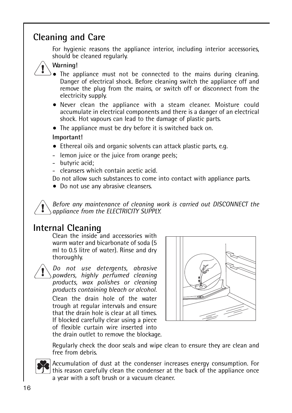 Cleaning and care, Internal cleaning | Electrolux U32091 S 70170 User Manual | Page 16 / 24