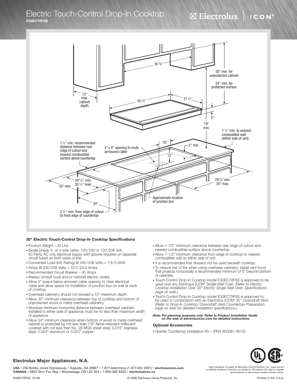 Electric touch-control drop-in cooktop, Electrolux major appliances, n.a | Electrolux E36DD75ESS/36 User Manual | Page 2 / 4