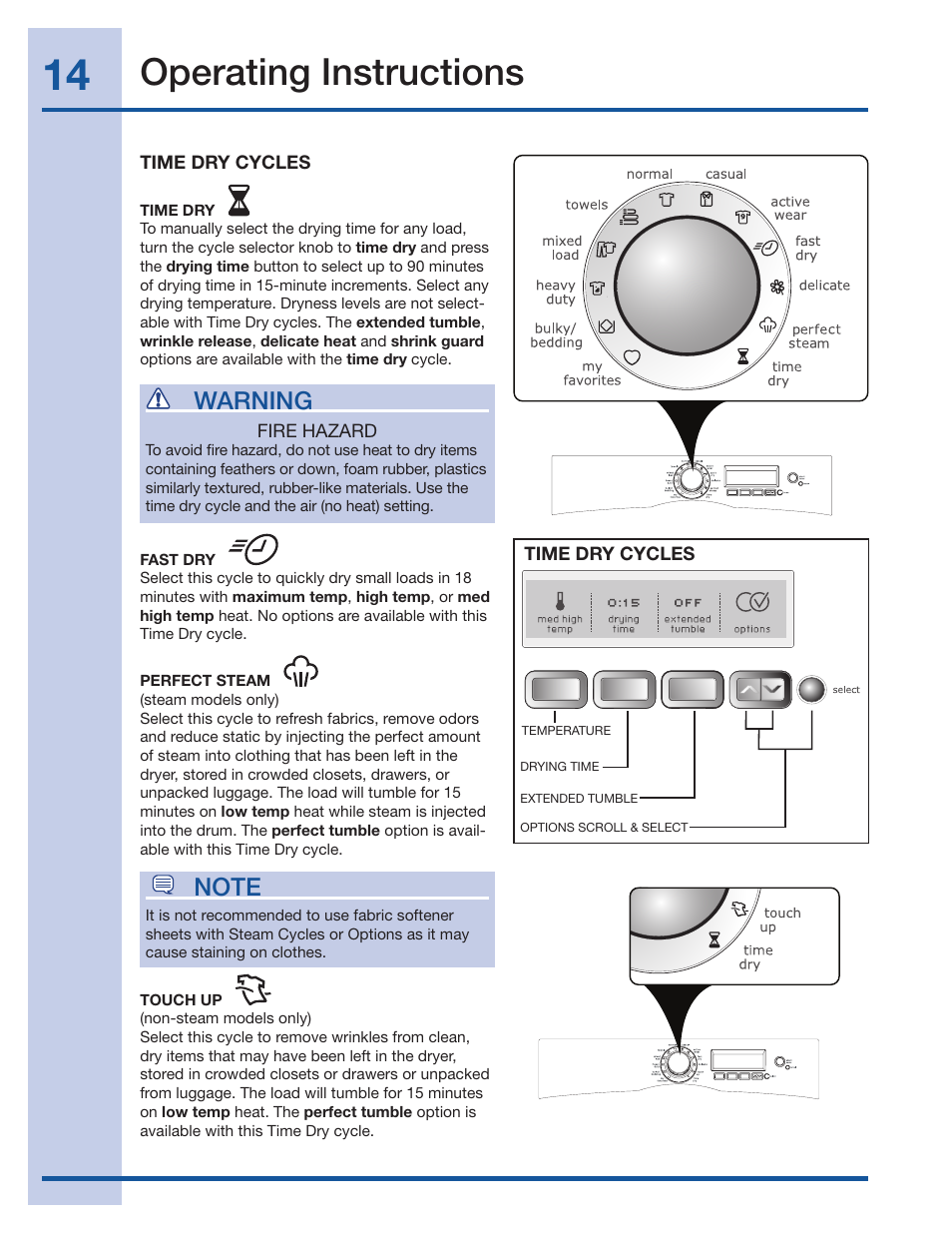 Operating instructions, Warning | Electrolux Wave-Touch 137018100 A User Manual | Page 14 / 36