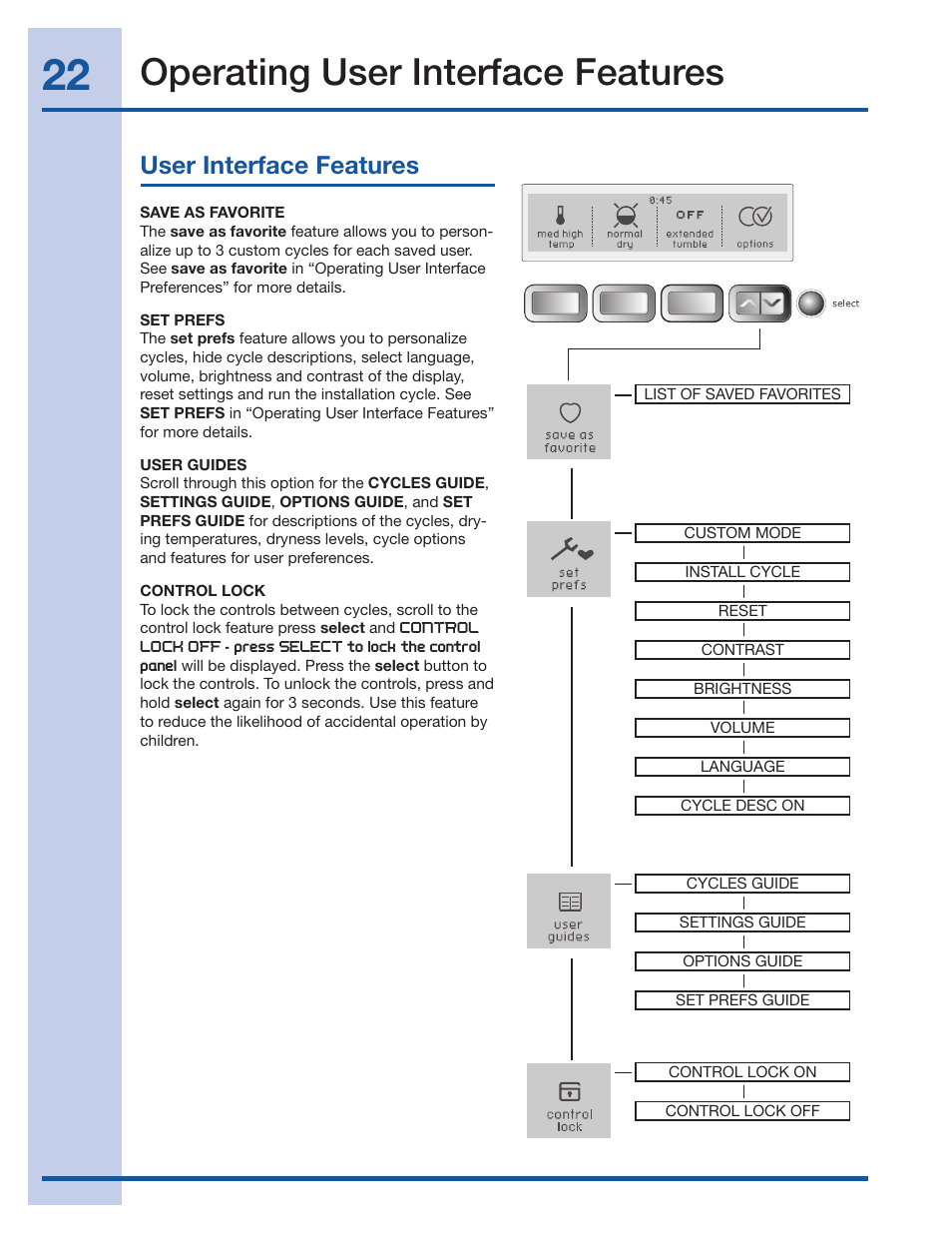 Operating user interface features, User interface features | Electrolux Wave-Touch 137018100 A User Manual | Page 22 / 36