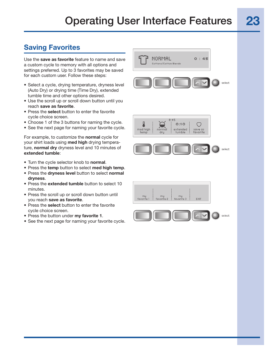 Operating user interface features, Saving favorites | Electrolux Wave-Touch 137018100 A User Manual | Page 23 / 36