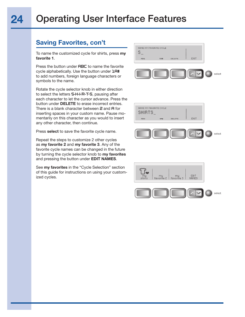 Operating user interface features, Saving favorites, con’t | Electrolux Wave-Touch 137018100 A User Manual | Page 24 / 36