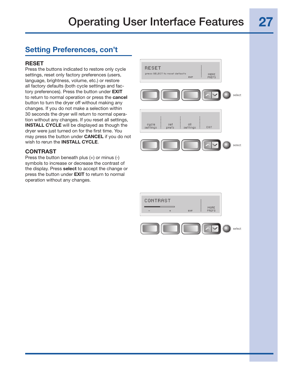 Operating user interface features, Setting preferences, con’t | Electrolux Wave-Touch 137018100 A User Manual | Page 27 / 36
