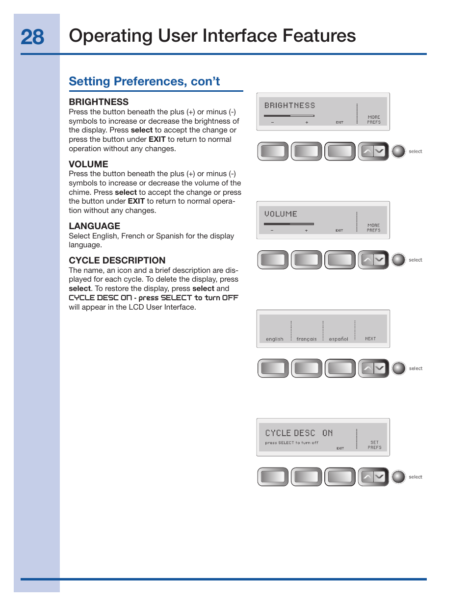 Operating user interface features, Setting preferences, con’t | Electrolux Wave-Touch 137018100 A User Manual | Page 28 / 36