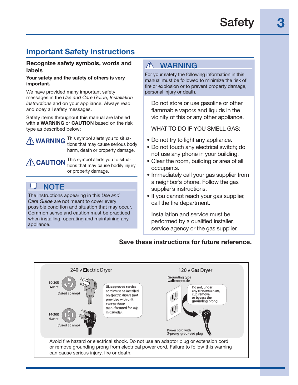 Safety, Warning, Save these instructions for future reference | Electrolux Wave-Touch 137018100 A User Manual | Page 3 / 36