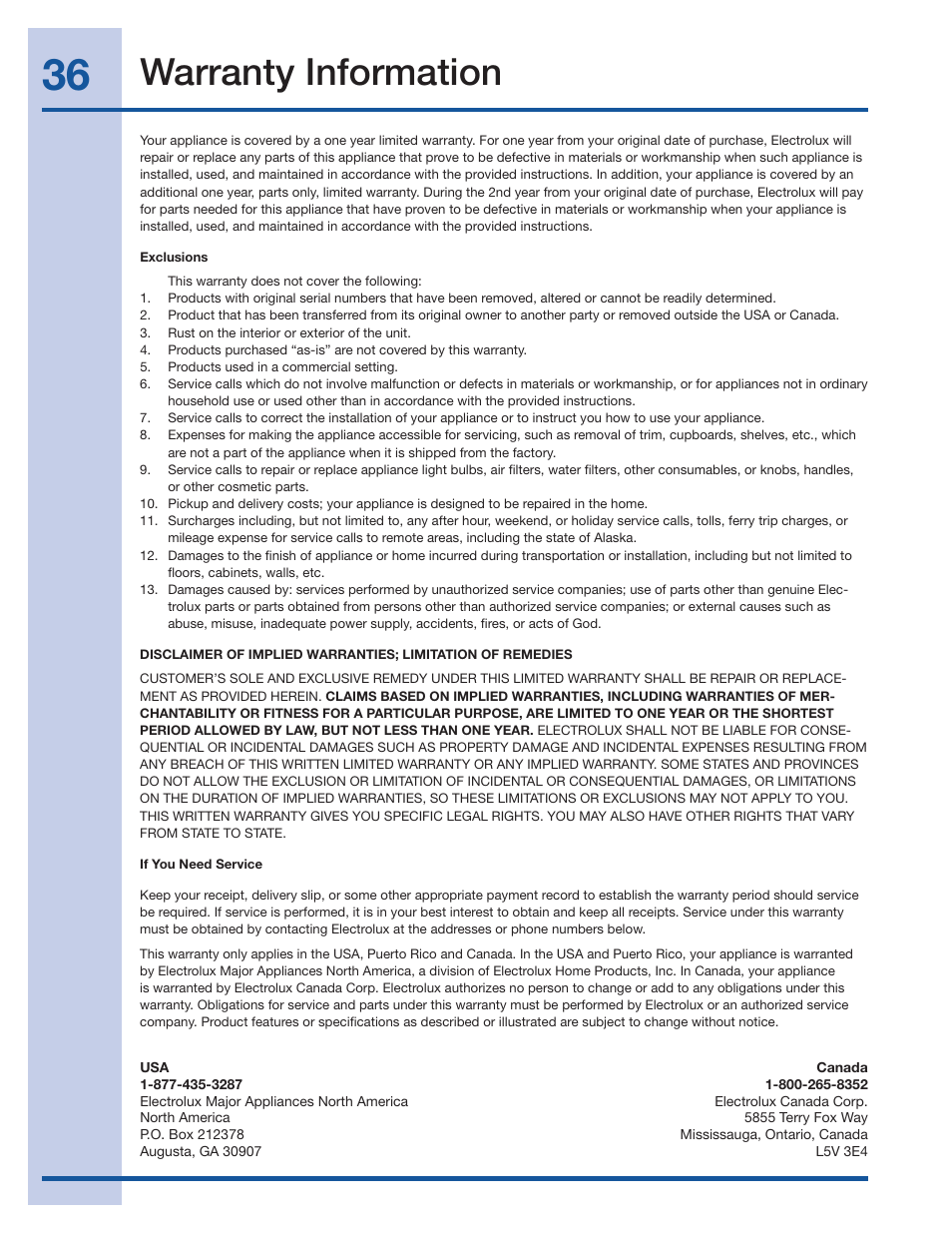 Warranty information | Electrolux Wave-Touch 137018100 A User Manual | Page 36 / 36