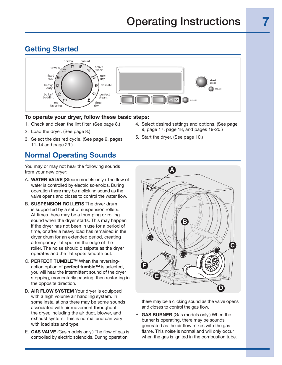 Operating instructions, Getting started normal operating sounds | Electrolux Wave-Touch 137018100 A User Manual | Page 7 / 36