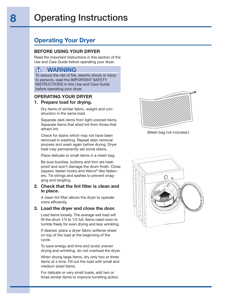 Operating instructions, Operating your dryer warning | Electrolux Wave-Touch 137018100 A User Manual | Page 8 / 36