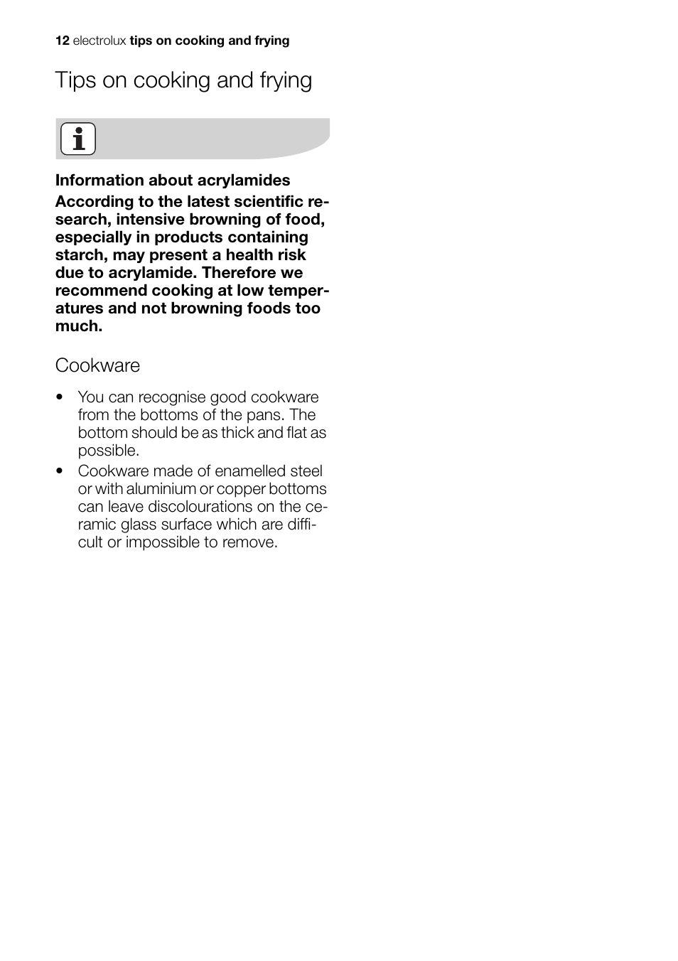 Tips on cooking and frying, Cookware | Electrolux EHS 60020 K User Manual | Page 12 / 32