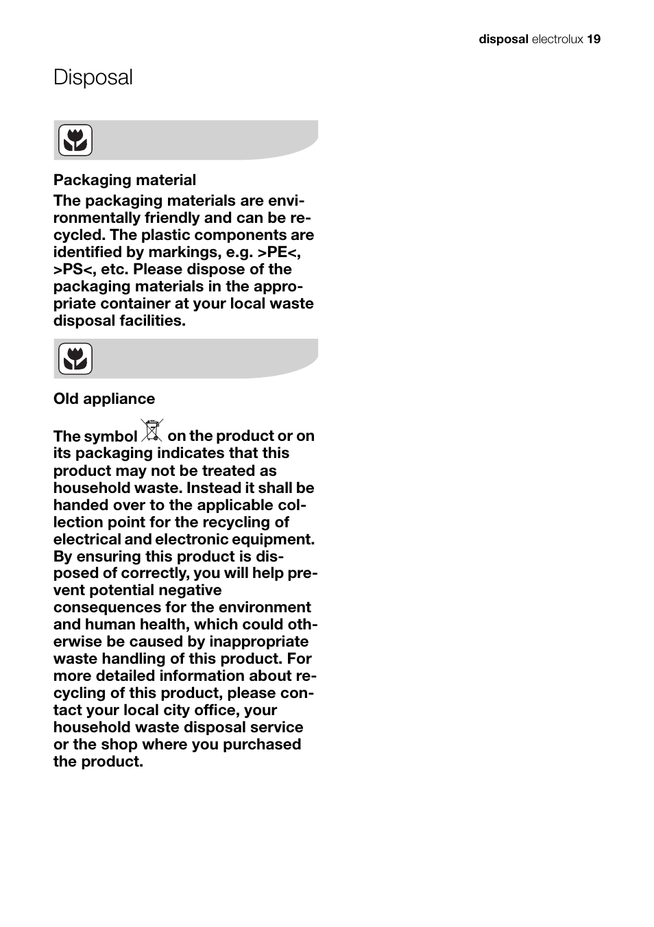 Disposal | Electrolux EHS 60020 K User Manual | Page 19 / 32