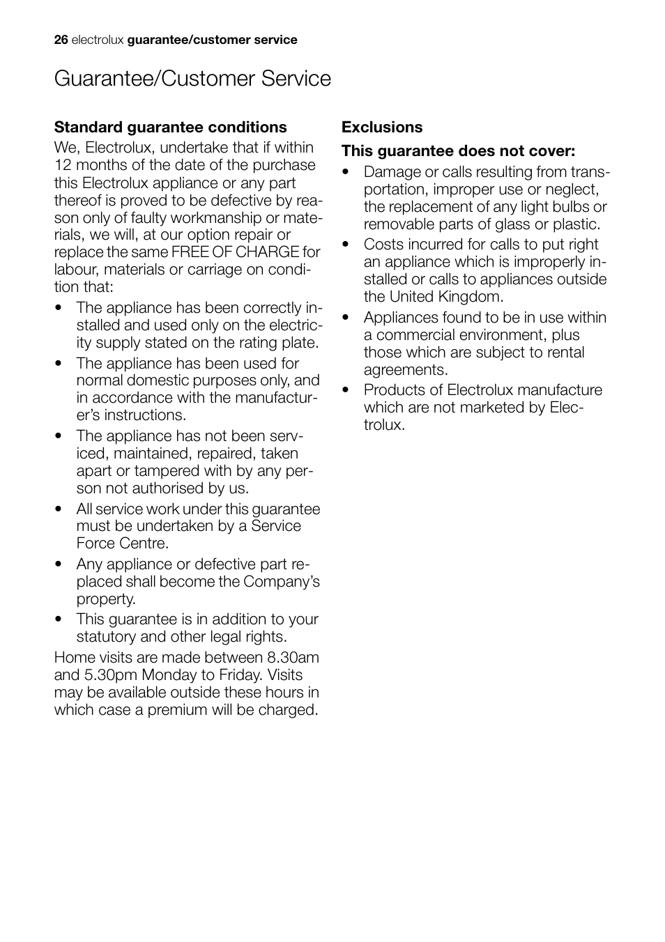 Guarantee/customer service | Electrolux EHS 60020 K User Manual | Page 26 / 32