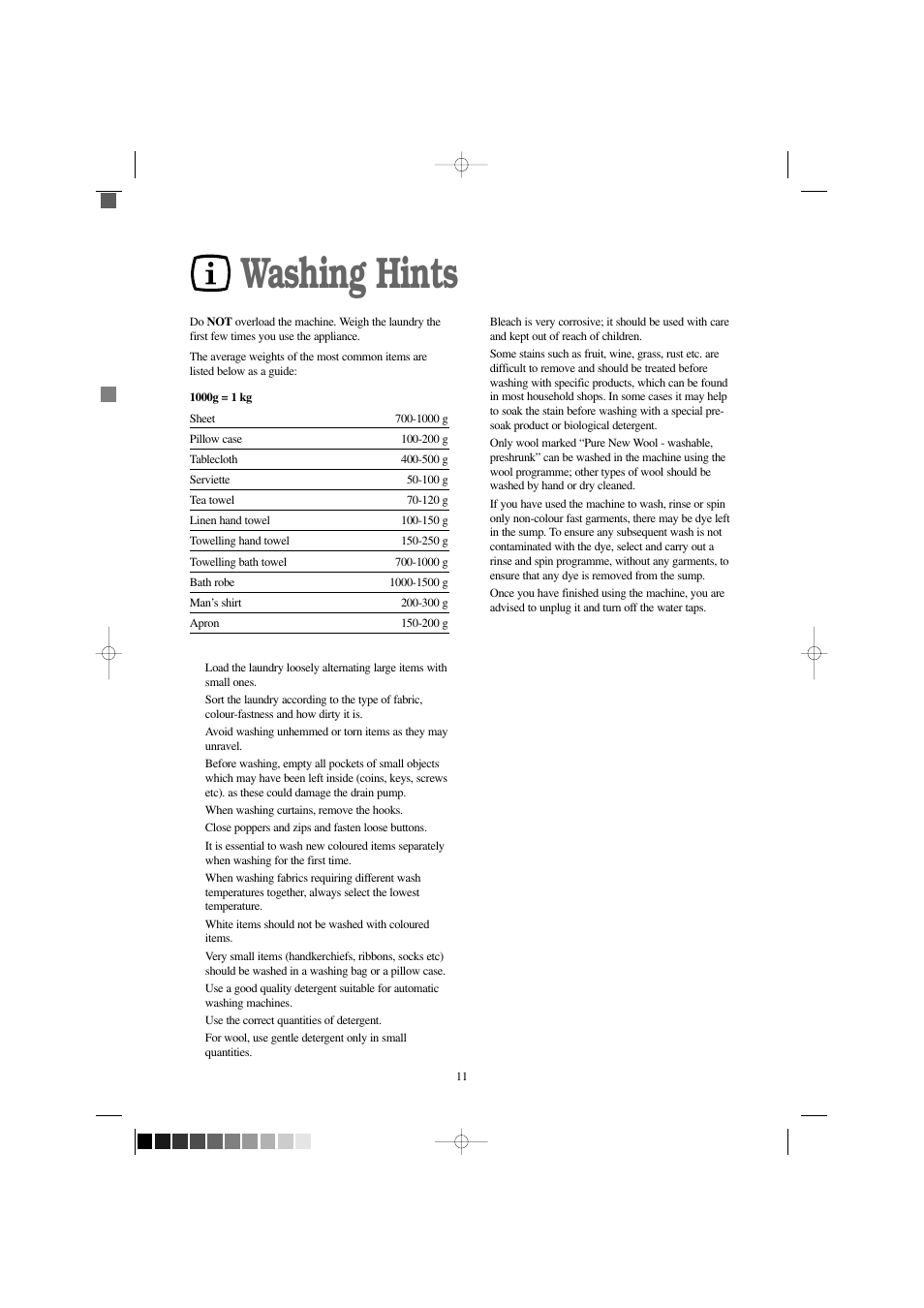 Washing hints | Electrolux EW 1000 I User Manual | Page 11 / 28