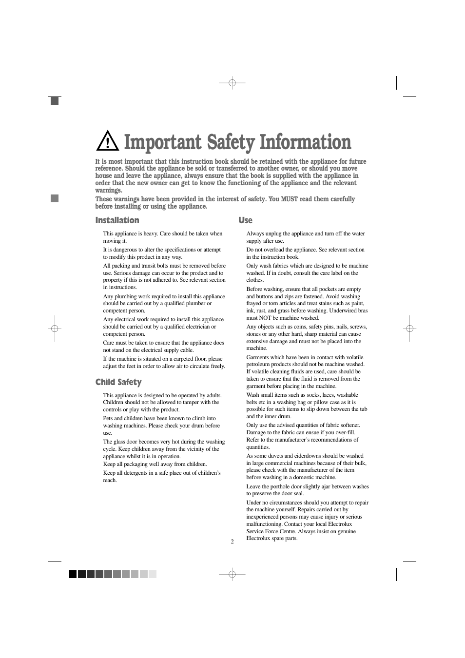 Important safety information, Installation, Child safety | Electrolux EW 1000 I User Manual | Page 2 / 28