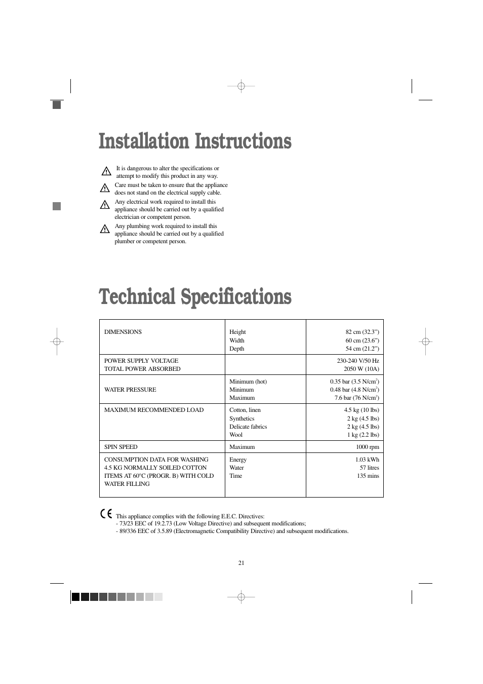 Installation instructions technical specifications | Electrolux EW 1000 I User Manual | Page 21 / 28