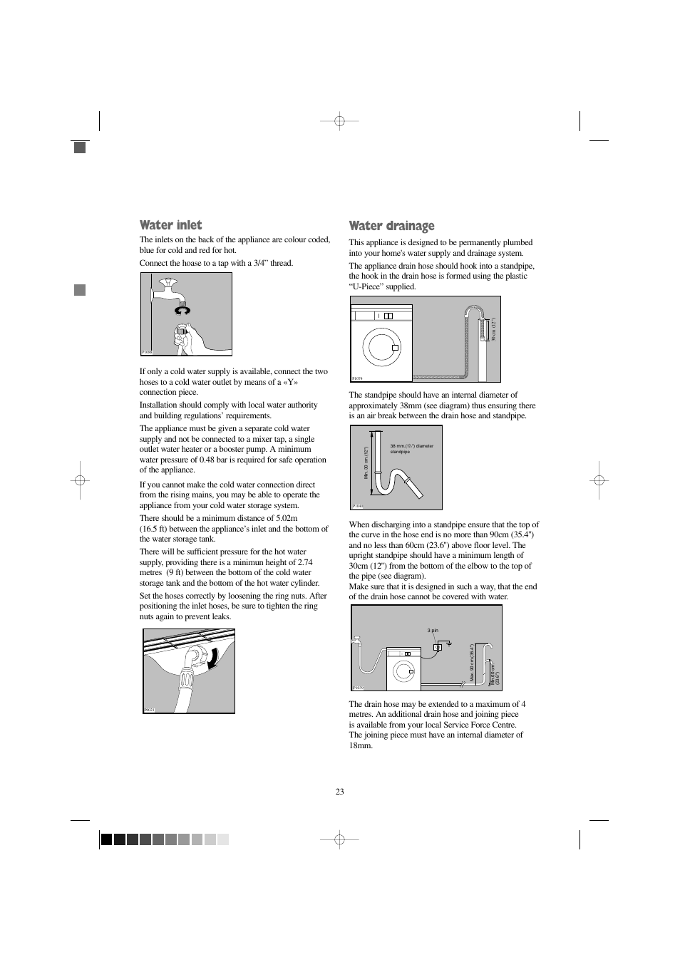 Water inlet, Water drainage | Electrolux EW 1000 I User Manual | Page 23 / 28