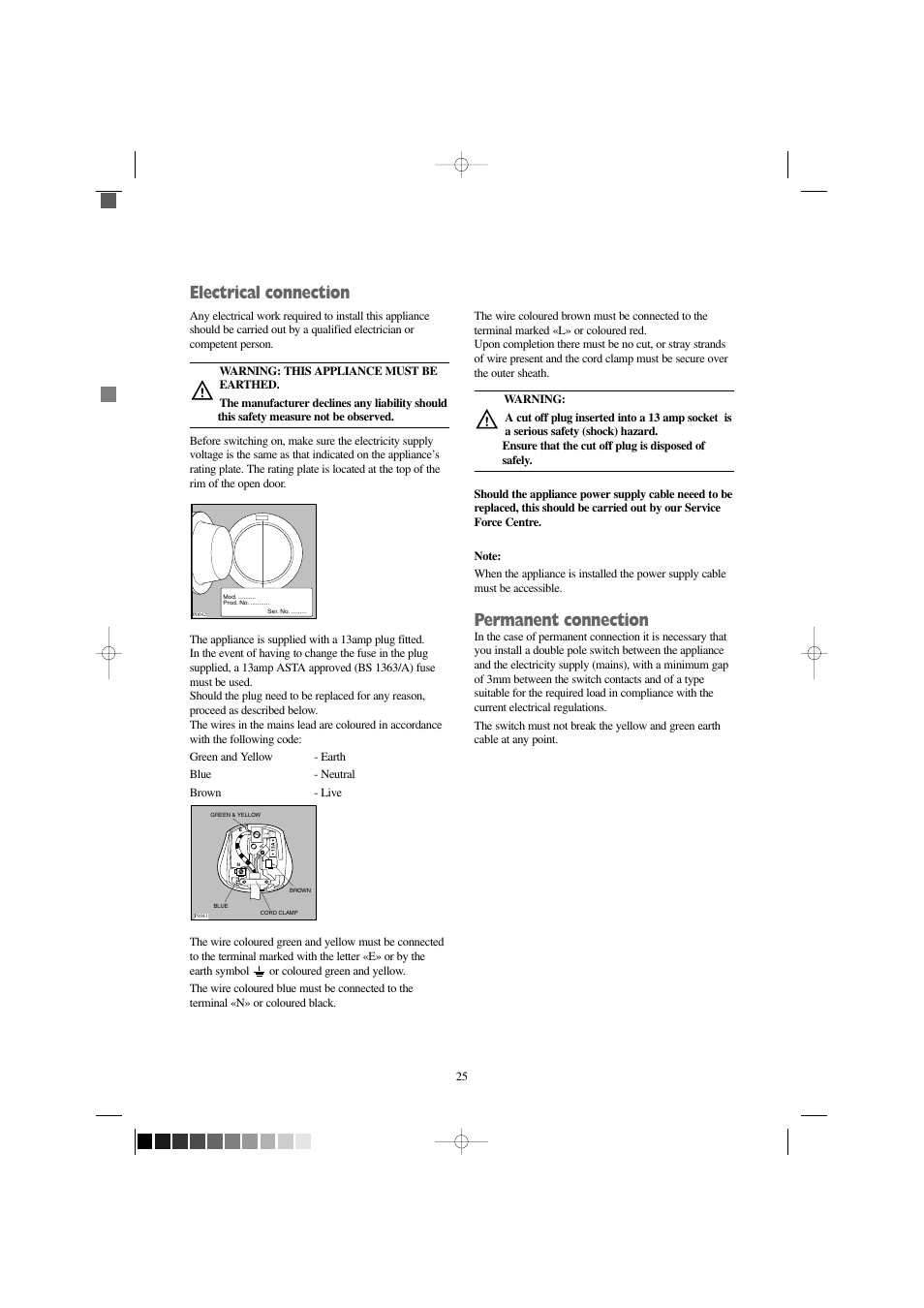 Electrical connection, Permanent connection, Mod. .......... prod. no. ........... ser. no | Electrolux EW 1000 I User Manual | Page 25 / 28