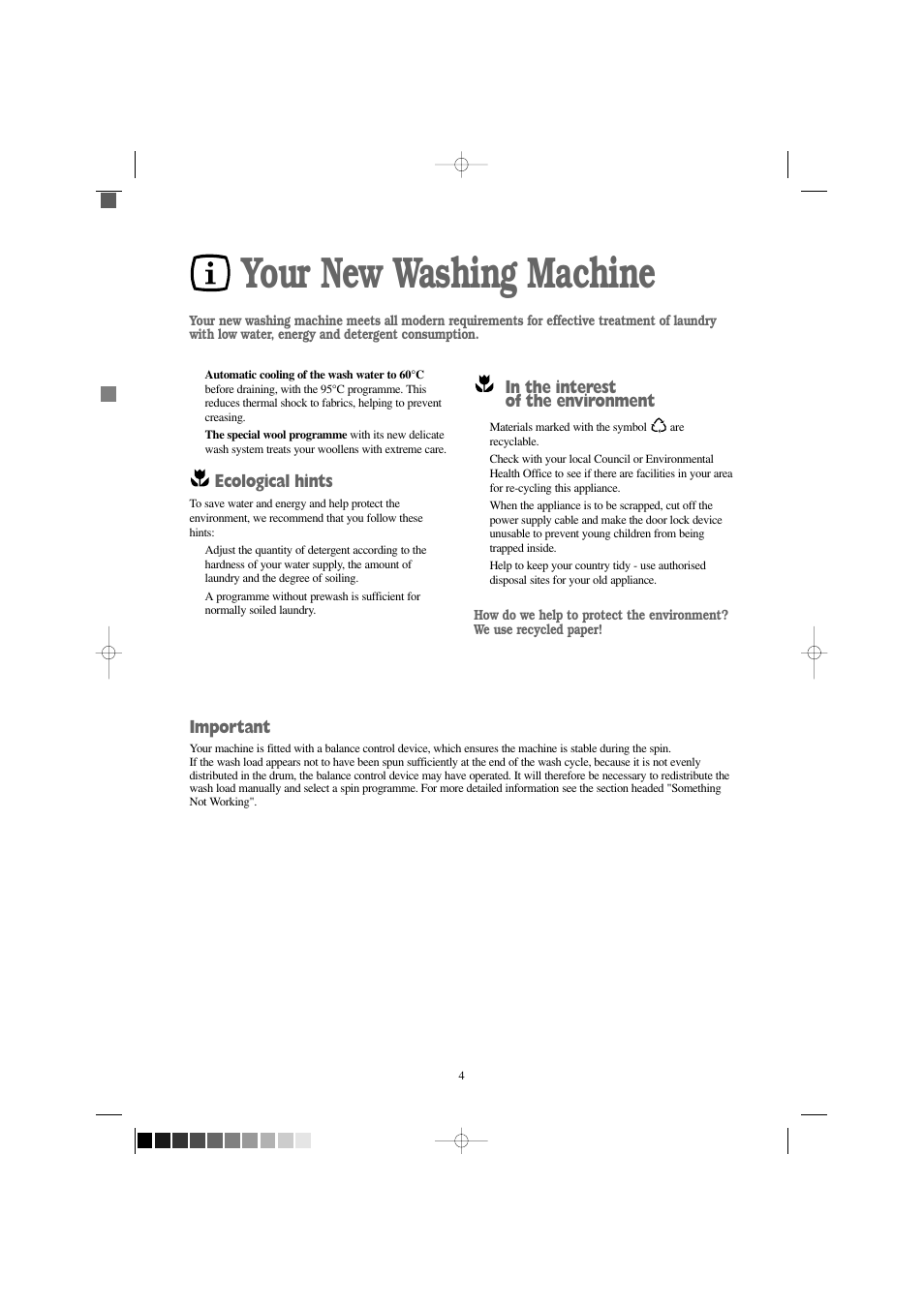 Your new washing machine, Ecological hints, Important | Electrolux EW 1000 I User Manual | Page 4 / 28