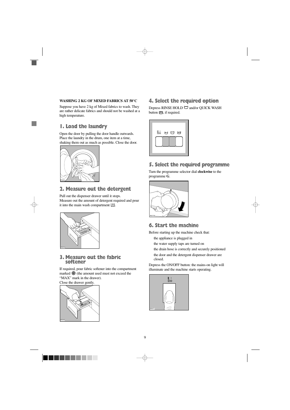 Load the laundry, Measure out the detergent, Measure out the fabric softener | Select the required option, Select the required programme, Start the machine | Electrolux EW 1000 I User Manual | Page 9 / 28