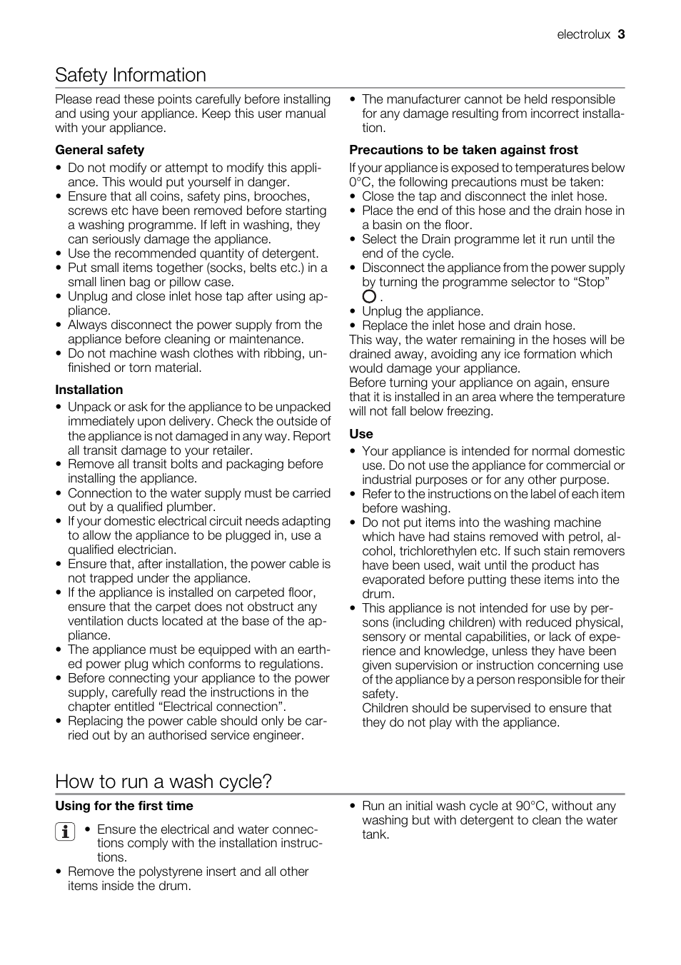 Safety information, How to run a wash cycle | Electrolux EWT 6020 W User Manual | Page 3 / 12