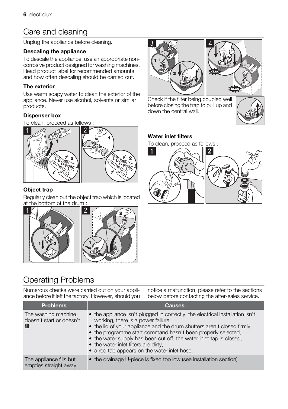Care and cleaning, Operating problems | Electrolux EWT 6020 W User Manual | Page 6 / 12