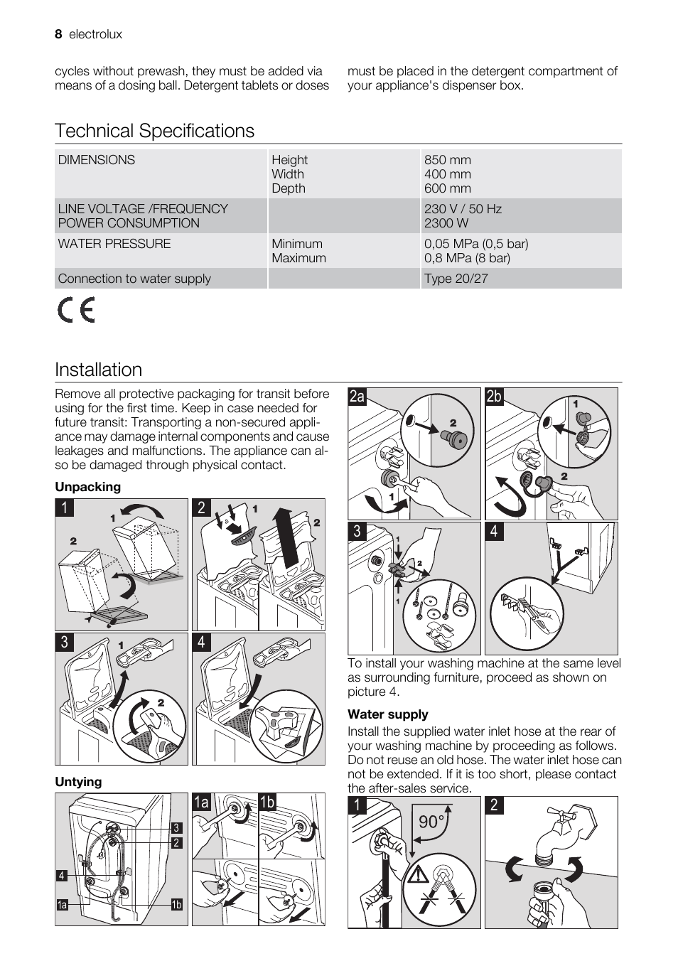 Technical specifications, Installation | Electrolux EWT 6020 W User Manual | Page 8 / 12