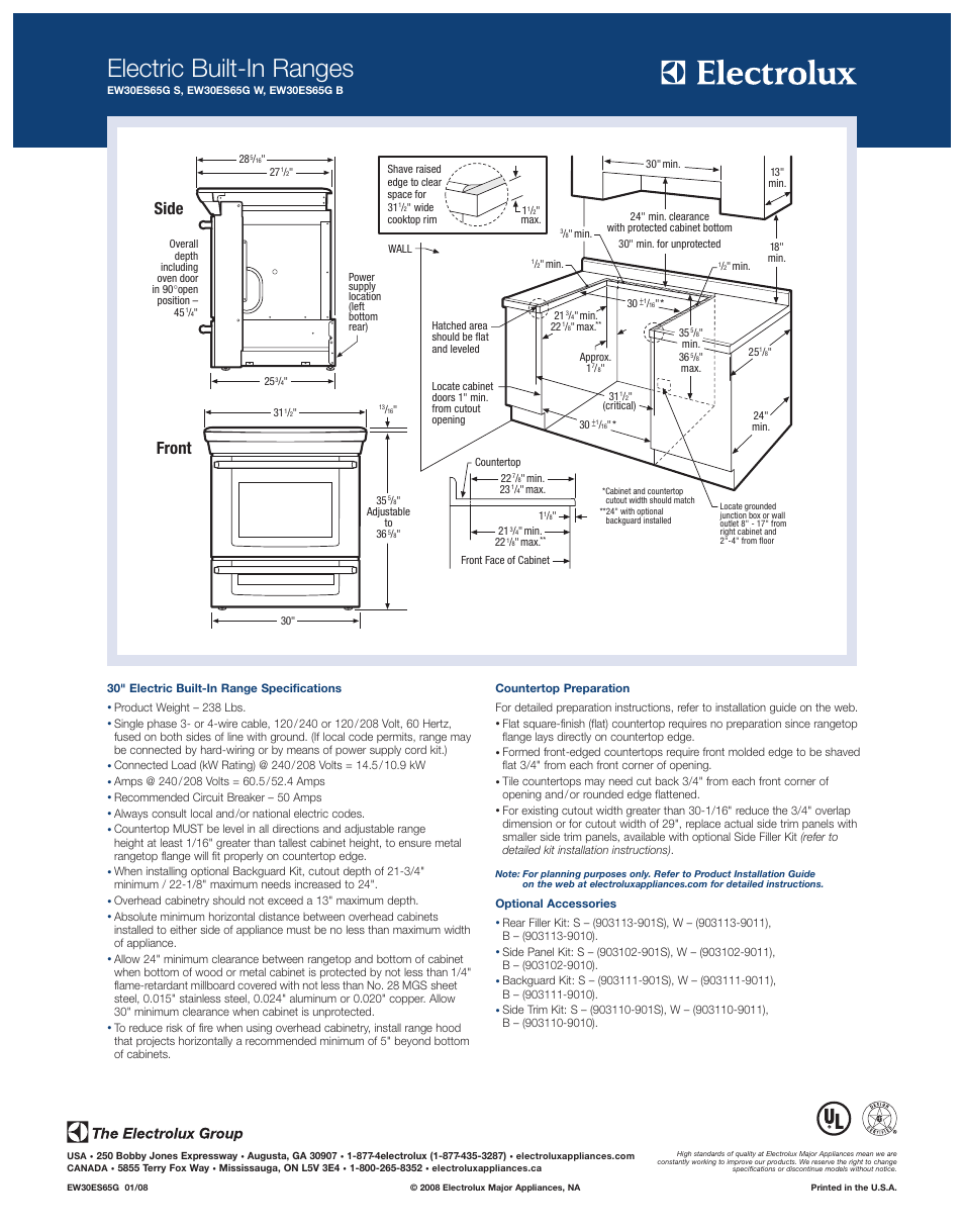 Electric built-in ranges, Side, Front | Electrolux WAVE-TOUCH EW30ES65G S User Manual | Page 2 / 2