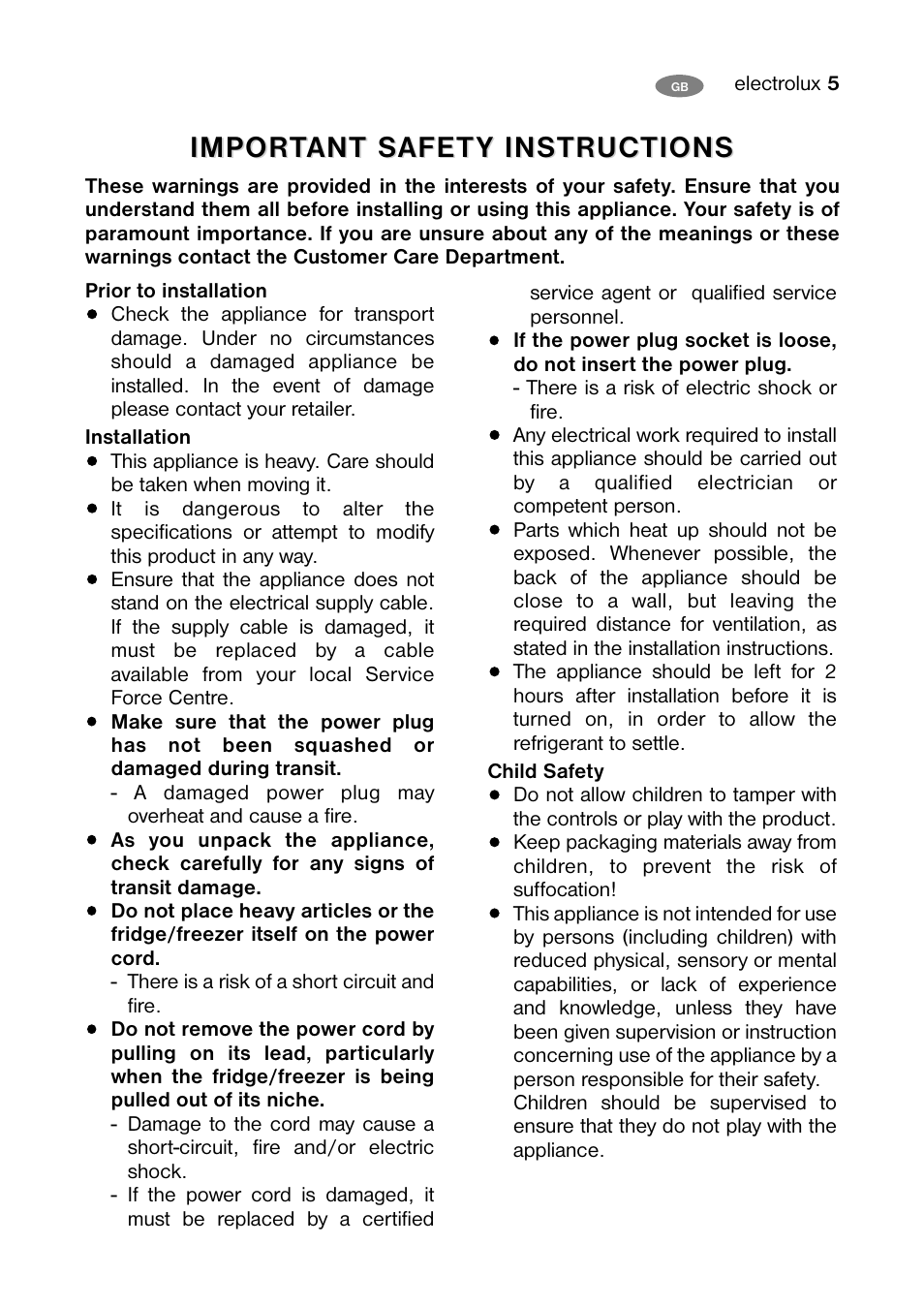 Impor | Electrolux U30414 ENB 39400 W User Manual | Page 5 / 36
