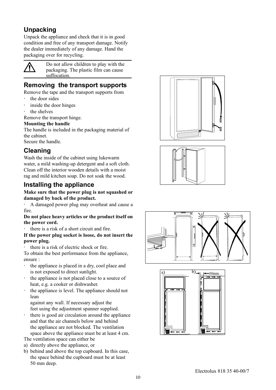 Unpacking, Removing the transport supports, Cleaning | Installing the appliance | Electrolux ERC3711WS User Manual | Page 10 / 16