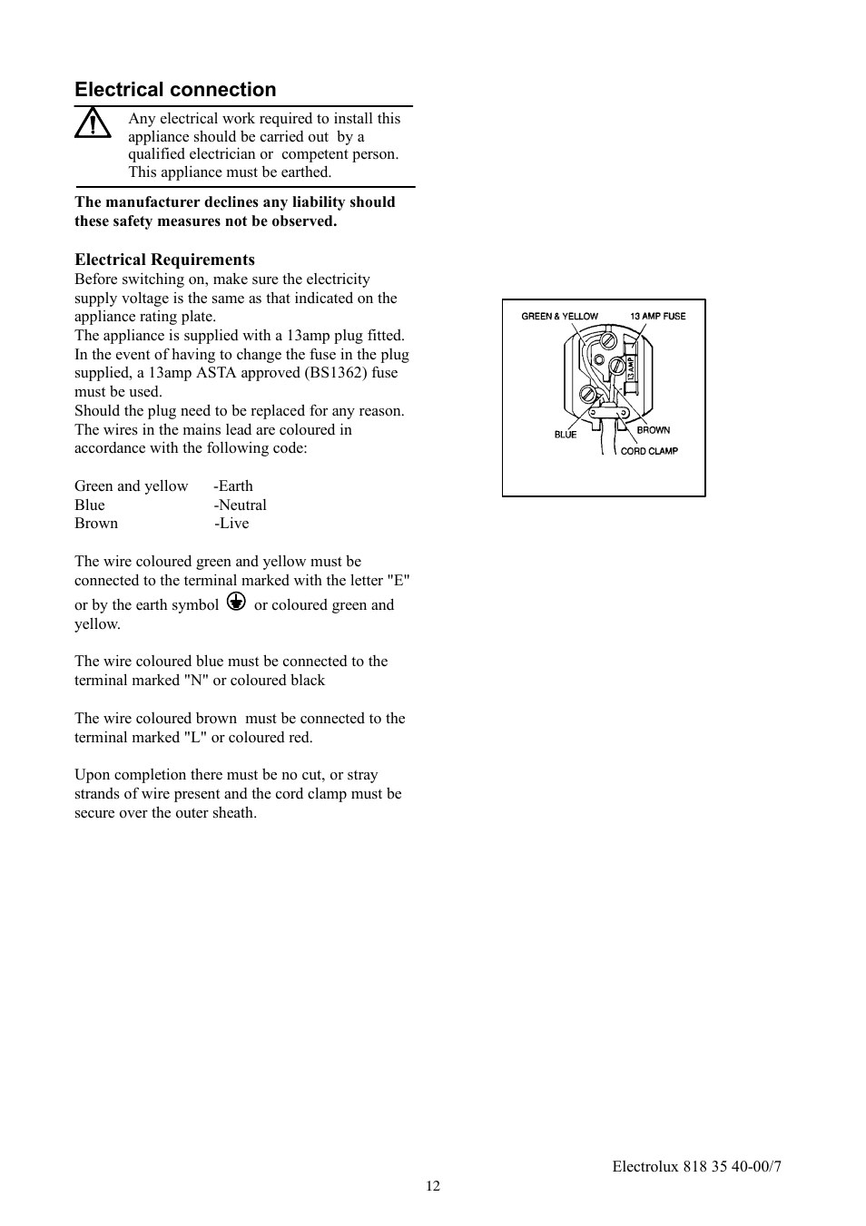 Electrical connection | Electrolux ERC3711WS User Manual | Page 12 / 16