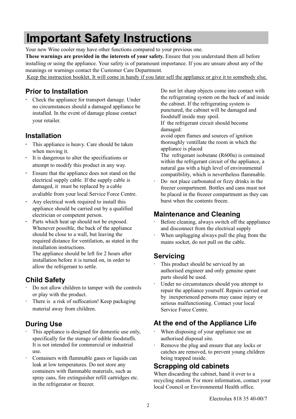 Important safety instructions | Electrolux ERC3711WS User Manual | Page 2 / 16