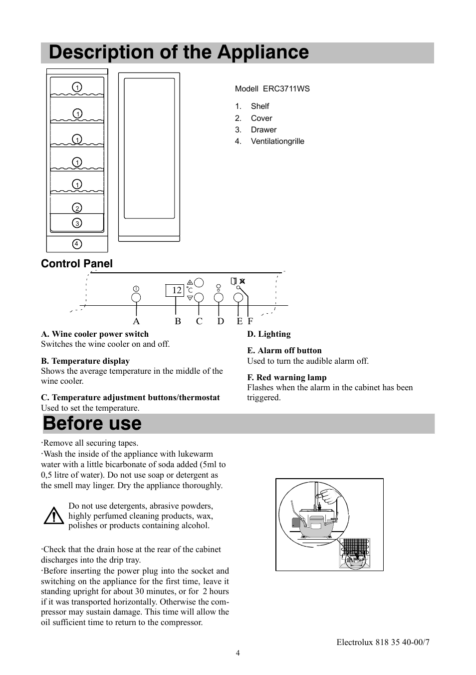 Description of the appliance, Before use, Control panel | Electrolux ERC3711WS User Manual | Page 4 / 16