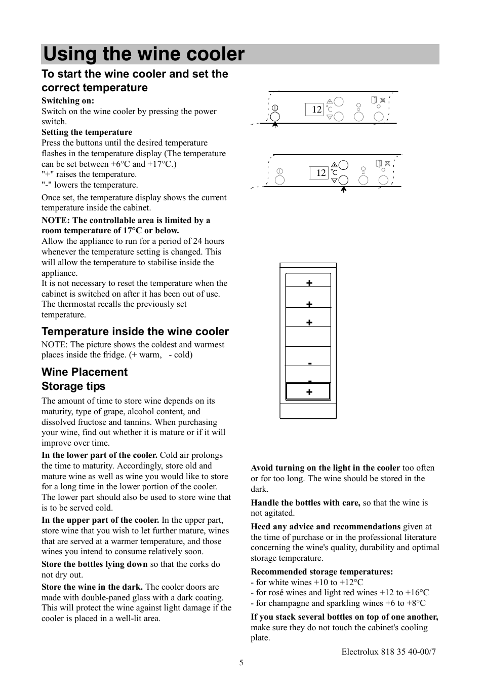 Using the wine cooler | Electrolux ERC3711WS User Manual | Page 5 / 16