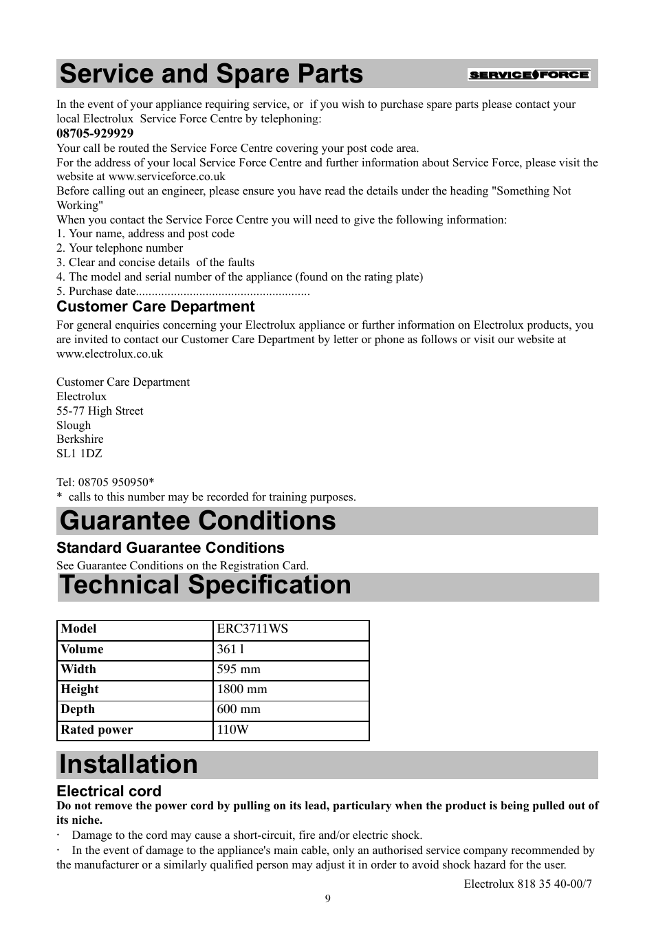 Service and spare parts, Guarantee conditions, Technical specification | Installation | Electrolux ERC3711WS User Manual | Page 9 / 16