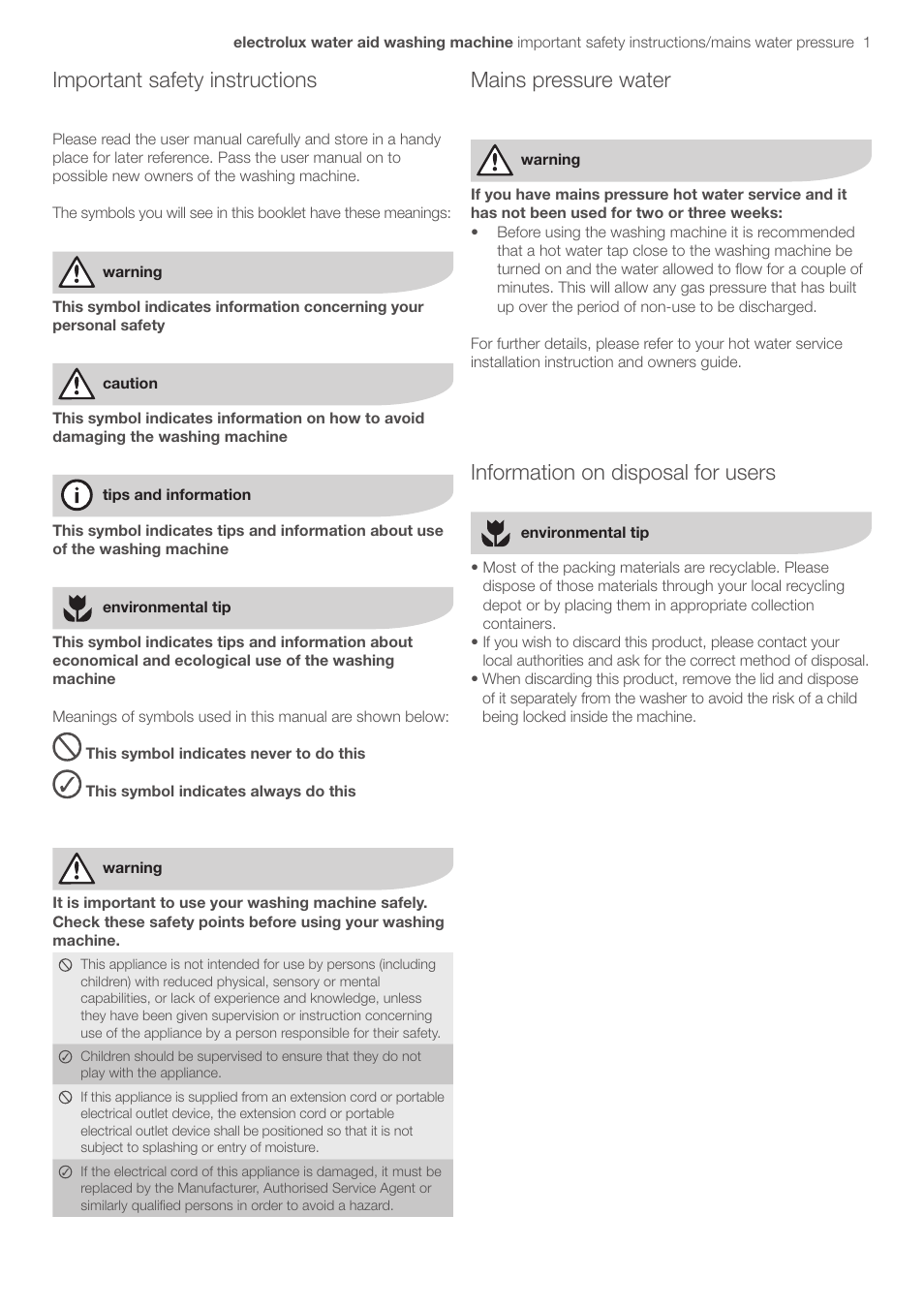 Important safety instructions, Information on disposal for users, Mains pressure water | Electrolux EWT606 User Manual | Page 5 / 26