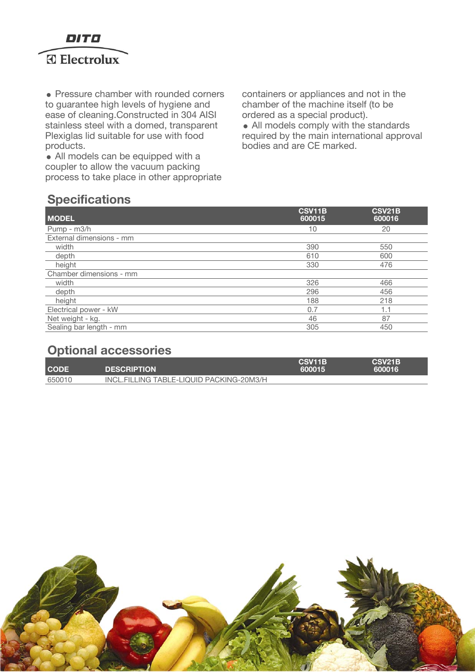 Specifications, Optional accessories | Electrolux Dito CSV11B User Manual | Page 2 / 3