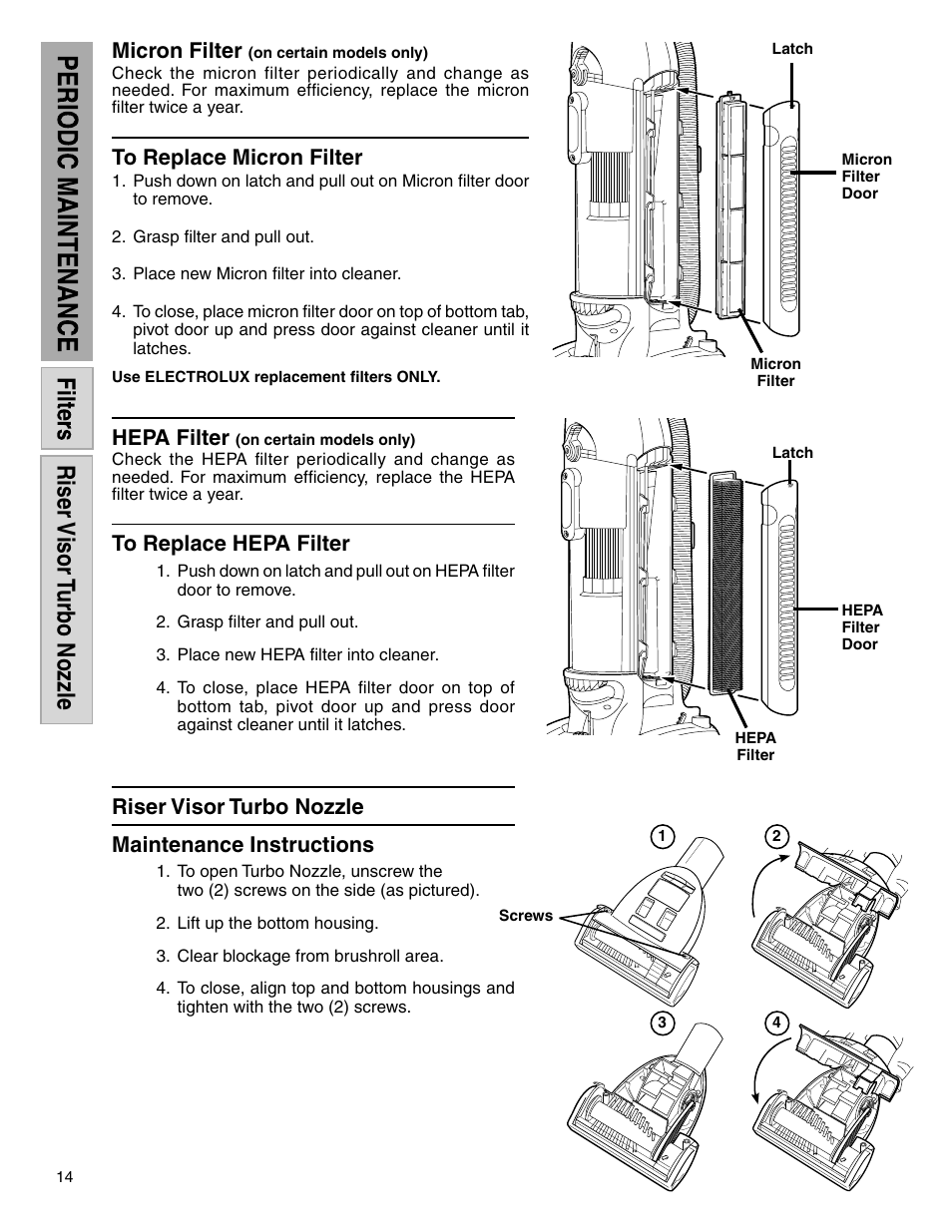 Riser visor turbo nozzle, Micron filter, Hepa filter | Riser visor turbo nozzle maintenance instructions | Electrolux Z5600 Series User Manual | Page 14 / 16